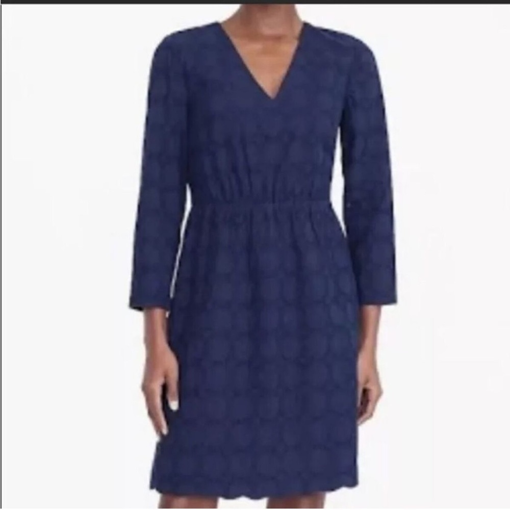 J Crew Lace Navy Blue Eyelet 100% Cotton Light Weight A-Line Dress Size 12